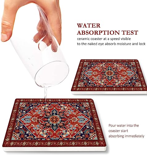 Bribay Coasters for Drinks Set of 6, Tribal Geometric Pattern Absorbent Square Ceramic Stone Mat, with Cork Base and Metal Holder, Gift for Housewarming Room Bar Decor - Image 3