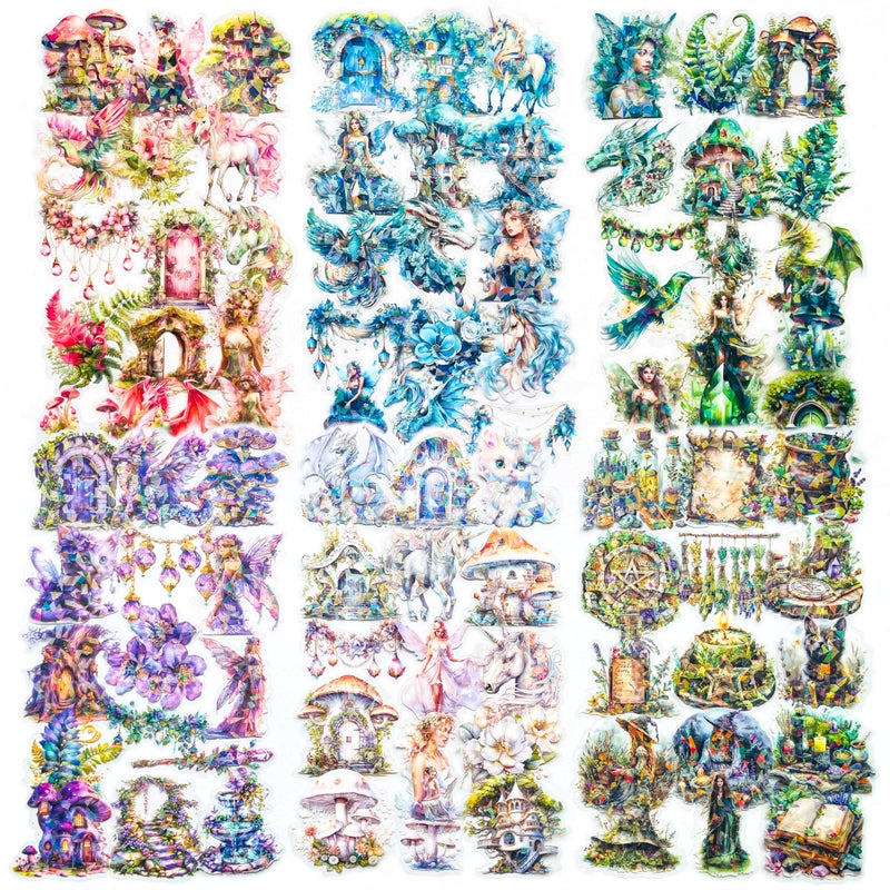YOKSAS 180PCS Fantasy Forest Witch Fairy Stickers â€“ Aesthetic Dragon, Unicorn Clear Scrapbooking Supplies for Journaling, Resin Crafts, Watercolor Cryptid, Nature Decals for Planners & Notebooks - Image 1