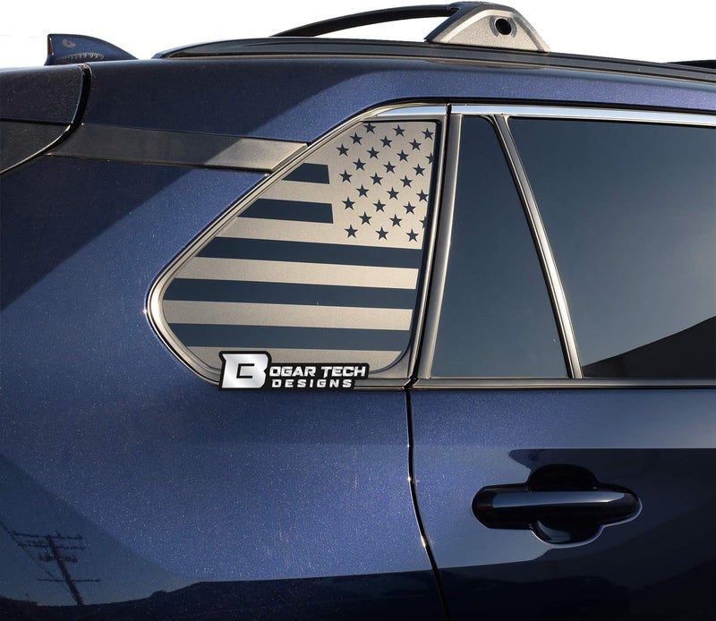 BOGAR TECH DESIGNS Precut American Flag Rear Side Quarter Window Decals for Toyota Rav4 2019-2021, Matte Black - Image 1