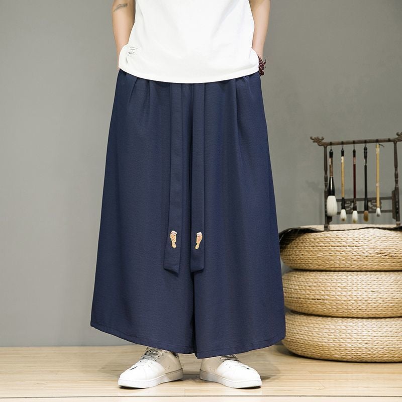 Chiffon Modified Hanfu Pants Mens Loose Casual Wide Leg Pants Summer New Style Straight Pants Guofeng Retro Skirt Pants Black - Image 2