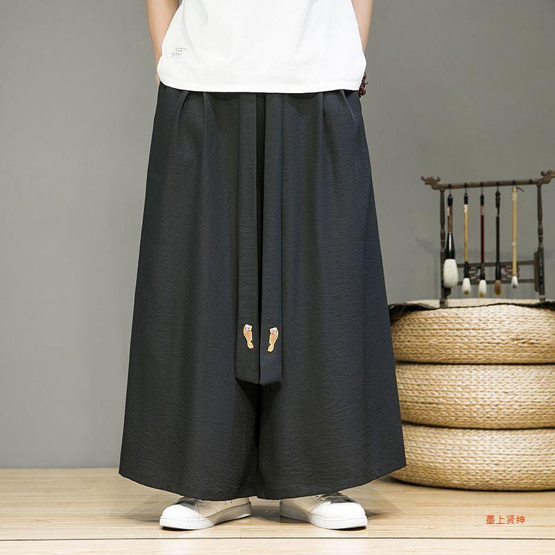 Chiffon Modified Hanfu Pants Mens Loose Casual Wide Leg Pants Summer New Style Straight Pants Guofeng Retro Skirt Pants Black - Image 3