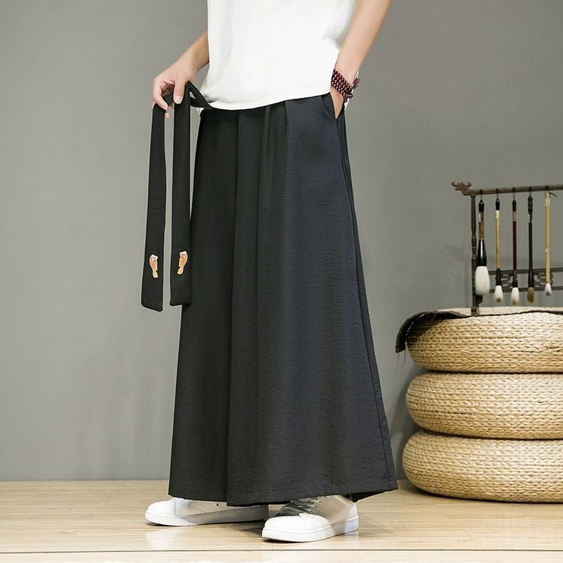 Chiffon Modified Hanfu Pants Mens Loose Casual Wide Leg Pants Summer New Style Straight Pants Guofeng Retro Skirt Pants Black - Image 5
