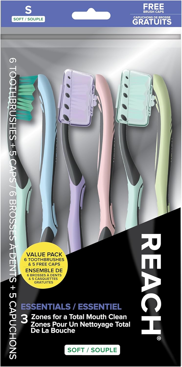 REACH Essentials Toothbrush and Brush Caps, Soft Bristles, 6 Count Value Pack - Image 1