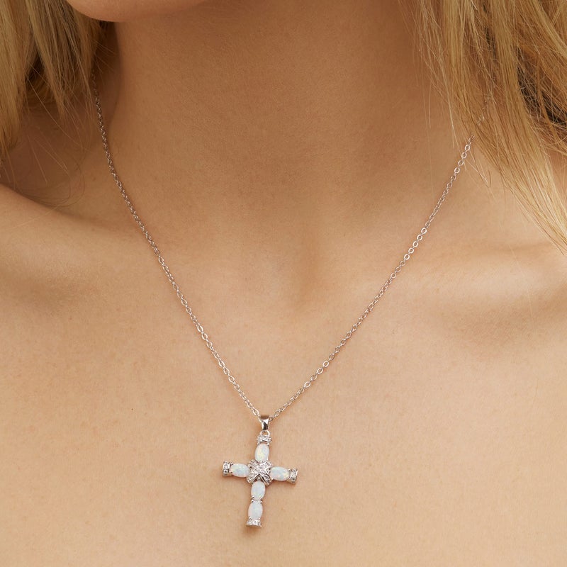 Barzel 18K White Gold Plated Created Fire Opal Cross Necklace (White Gold) - Image 3