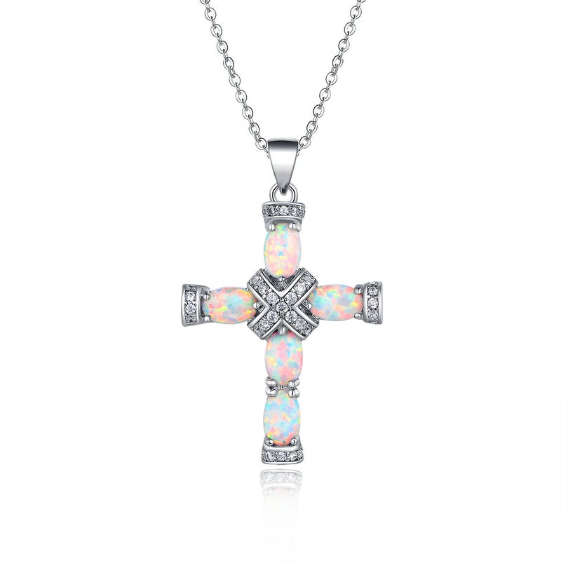 Barzel 18K White Gold Plated Created Fire Opal Cross Necklace (White Gold) - Image 1