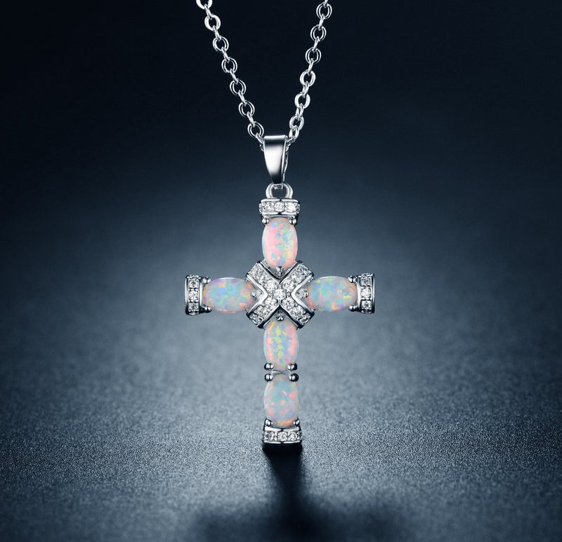 Barzel 18K White Gold Plated Created Fire Opal Cross Necklace (White Gold) - Image 4