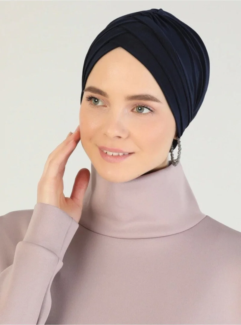 Naciye Sultan Hijab Cross Sea Bonnet Three-Striped Ready-made Headscarf Navy Blue