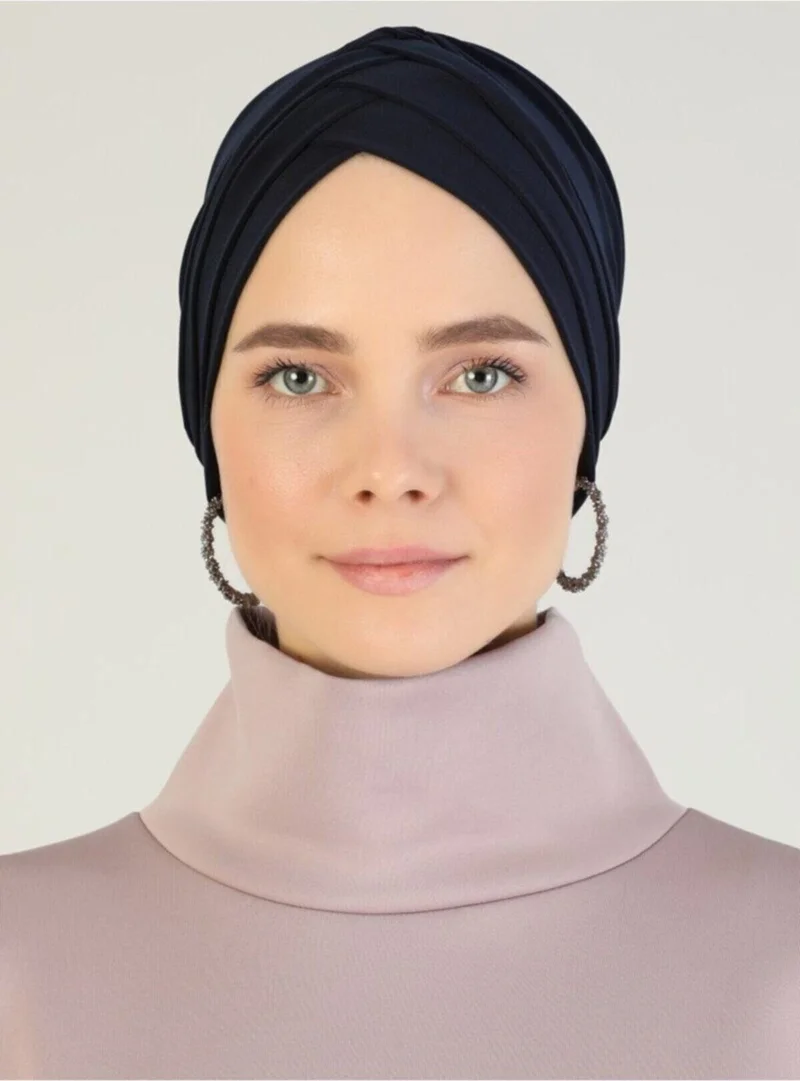 Naciye Sultan Hijab Cross Sea Bonnet Three-Striped Ready-made Headscarf Navy Blue