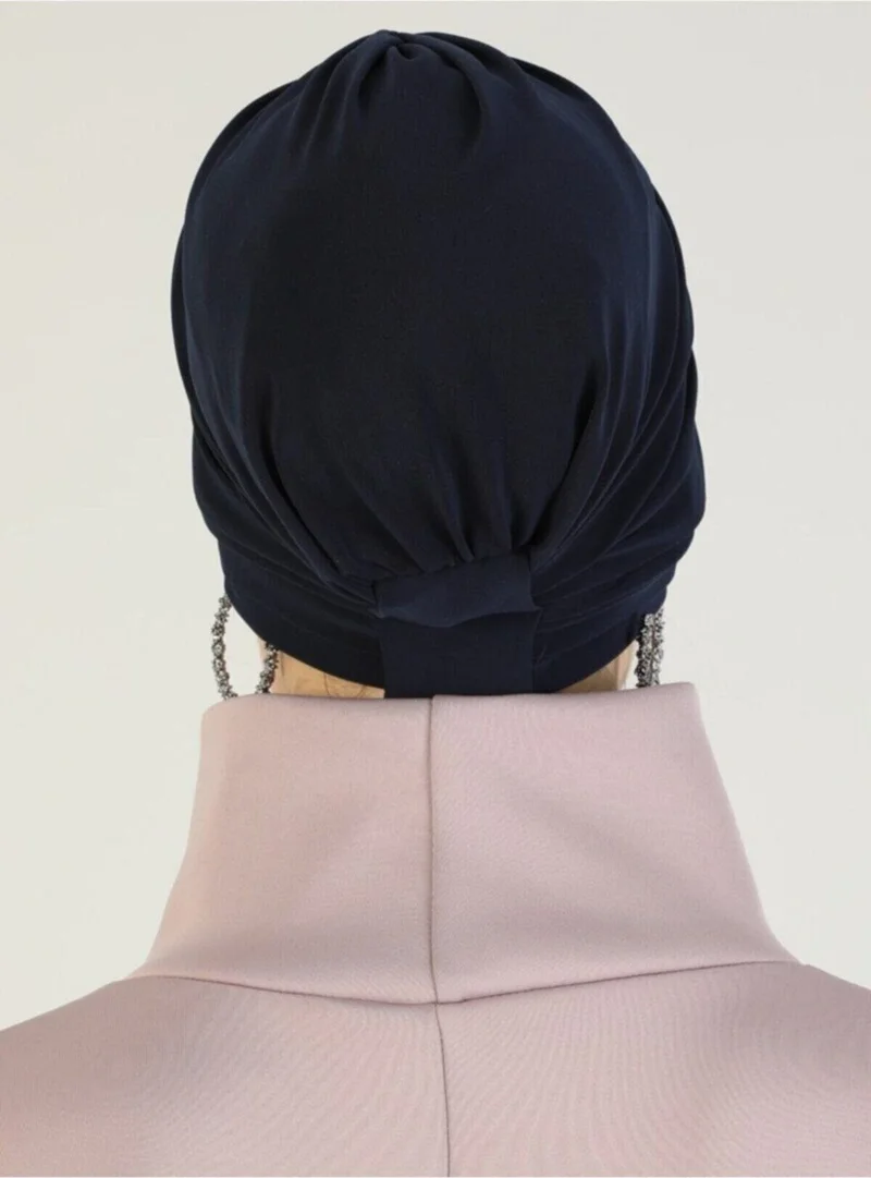 Naciye Sultan Hijab Cross Sea Bonnet Three-Striped Ready-made Headscarf Navy Blue