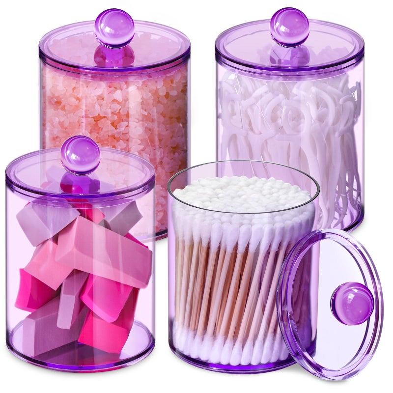 XIPENGKEJI 4 Pack Qtip Holder,Canister Apothecary Jar Set, Bathroom Jars with Lids Set for Cotton Swabs, Balls, Pads, Floss Picks,10oz-12oz Plastic Canisters Restroom Bedroom Vanity Organizer(Purple) - Image 1