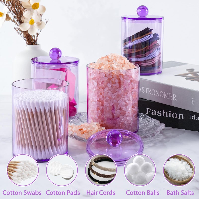 XIPENGKEJI 4 Pack Qtip Holder,Canister Apothecary Jar Set, Bathroom Jars with Lids Set for Cotton Swabs, Balls, Pads, Floss Picks,10oz-12oz Plastic Canisters Restroom Bedroom Vanity Organizer(Purple) - Image 4