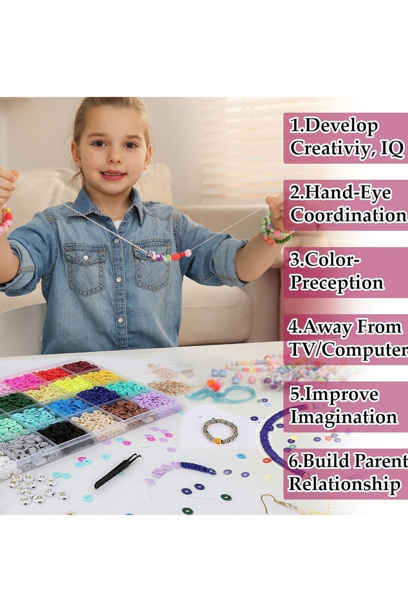 SYKON Bracelet making kit, 6000+ Clay Beads for Bracelet Making - DIY Jewelry Set with Pendant Charms, Elastic Strings, 24 Colors Flat Preppy Beads for Bracelets, Necklace, Earrings - Image 4