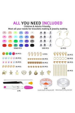Bracelet making kit, 6000+ Clay Beads for Bracelet Making - DIY Jewelry Set with Pendant Charms, Elastic Strings, 24 Colors Flat Preppy Beads for Bracelets, Necklace, Earrings - view 2