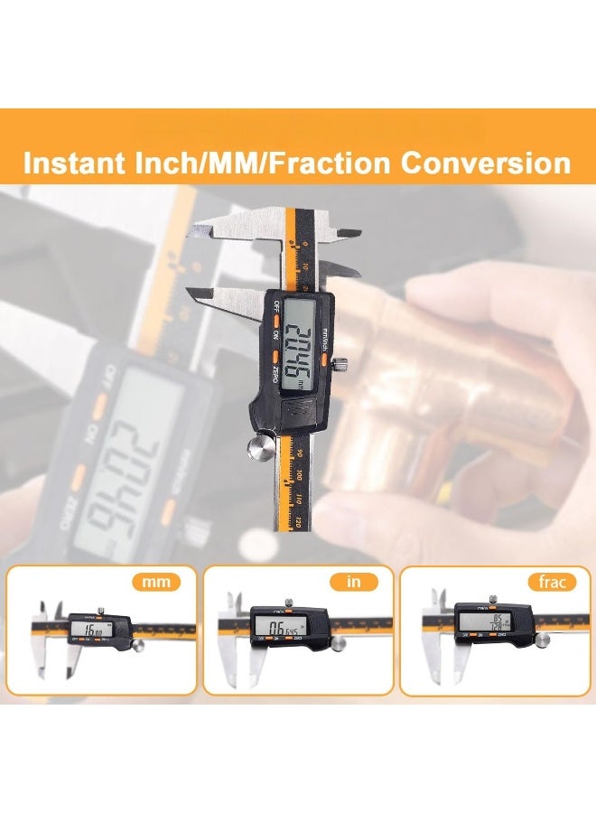 NANAO مقياس فرنييه رقمي 0-6"/0-150 مم أداة قياس مع شاشة LCD تحويل بوصة مم كسر من الفولاذ المقاوم للصدأ إيقاف تلقائي ميكرومتر إلكتروني لقياس العمق الداخلي والخارجي والعمق والقياس المتدرج - Image 4