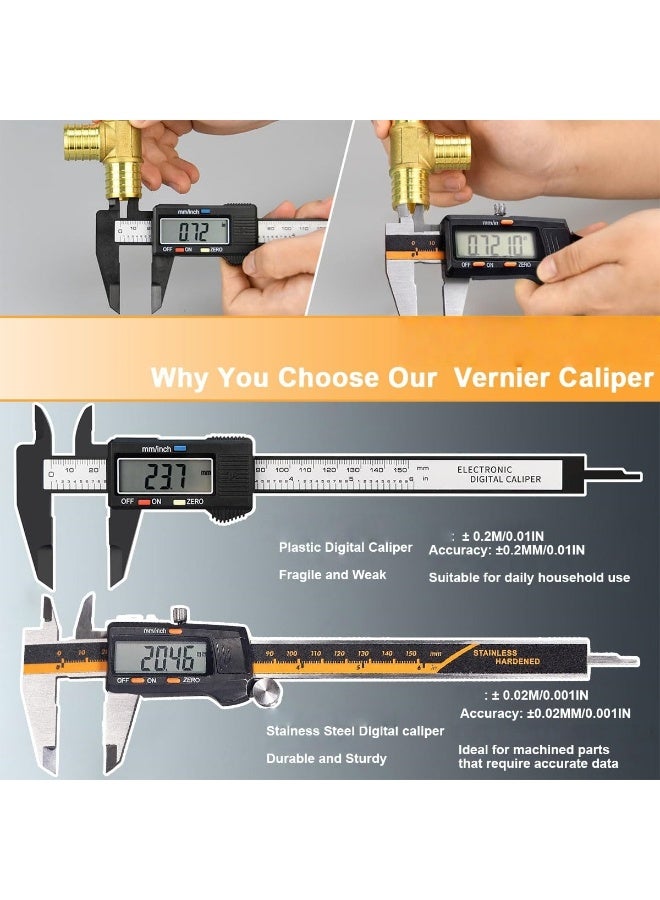 NANAO مقياس فرنييه رقمي 0-6"/0-150 مم أداة قياس مع شاشة LCD تحويل بوصة مم كسر من الفولاذ المقاوم للصدأ إيقاف تلقائي ميكرومتر إلكتروني لقياس العمق الداخلي والخارجي والعمق والقياس المتدرج - Image 5