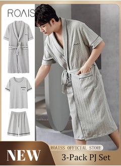 roaiss New Summer Men 3 Piece Set Pajamas Soft Cotton Home Suit Plus Size Sleepwear Short Sleeve Robe and Pajama Set Grey Pijamas  - Image 1