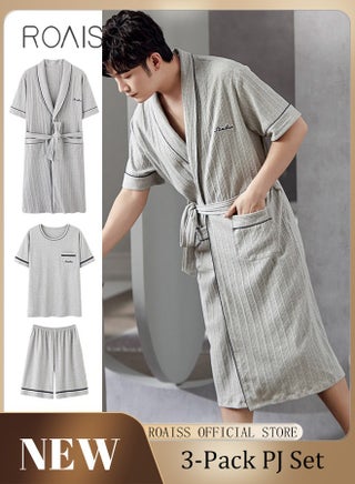 New Summer Men 3 Piece Set Pajamas Soft Cotton Home Suit Plus Size Sleepwear Short Sleeve Robe and Pajama Set Grey Pijamas - pzsku/ZF76F28C4E8122FA68BB2Z/45/1746228732/8e3352c2-a99d-4f1d-94a9-d8a32b9cd106