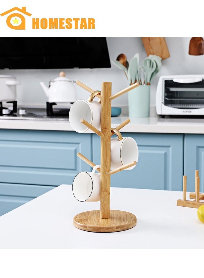 HOMESTAR Wooden Cup Holder, Coffee Cup Organiser, Cup Stand, Kitchen Coffee Mug Rack, Wooden Cup Holder, Table Coffee Mug Holder with 6 Hooks - Image 1