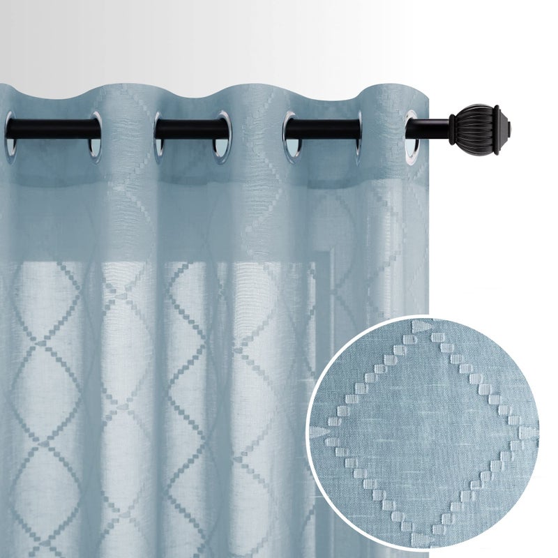 KOUFALL Grey Stone Blue Grommet Sheer Curtains for Living Room Geometric Diamond Embroidered Trellis Quatrefoil Patterned Vintage Country Slate Dusty Blue Gray Curtains for Bedroom Dining Room 84 Inches Long - Image 3