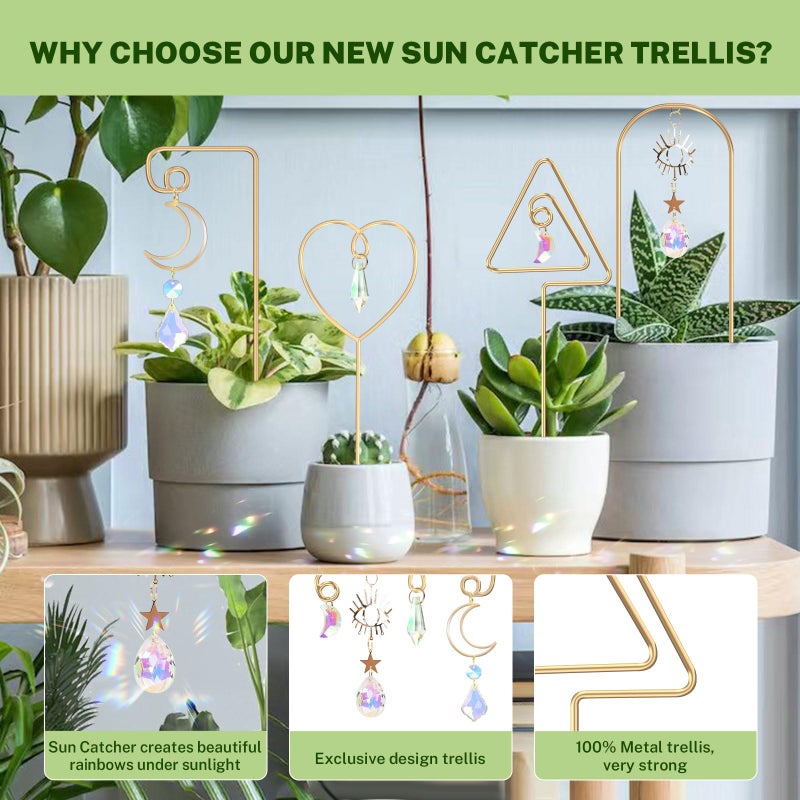 WellSign Small Trellis for Potted Plants Indoor with Colorful Crystal Sun Catcher, 14.17 Inch Metal Plant Lattice for Mini Potted Plant Decoration for Home Window Garden 4 Pack - Image 2