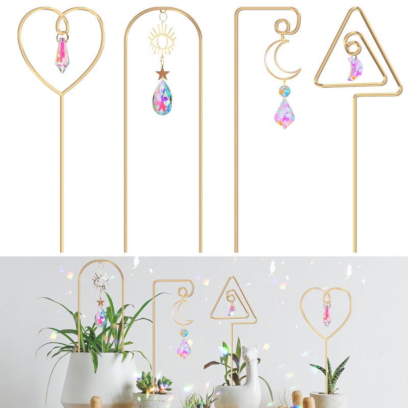 WellSign Small Trellis for Potted Plants Indoor with Colorful Crystal Sun Catcher, 14.17 Inch Metal Plant Lattice for Mini Potted Plant Decoration for Home Window Garden 4 Pack - Image 1