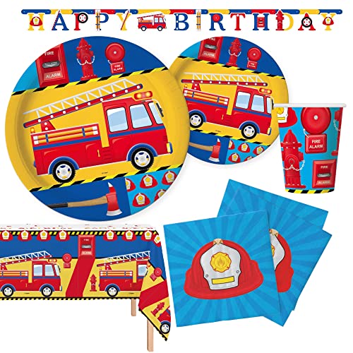 Oojami Fire Truck Birthday Party Decorations for 24 Guests Firefighter Party Supplies Set with Plates Cups Napkins 2 Table Covers Happy Birthday Banner Firetruck Themed Birthday Decor - Image 1