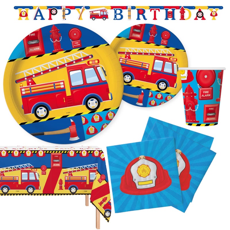 Oojami Fire Truck Birthday Party Decorations for 24 Guests Firefighter Party Supplies Set with Plates Cups Napkins 2 Table Covers Happy Birthday Banner Firetruck Themed Birthday Decor - Image 2