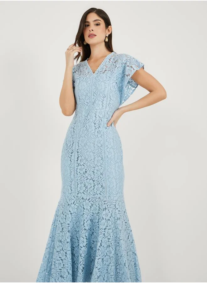 Styli Lace Insert Frill Sleeves Mermaid Hem Maxi Dress