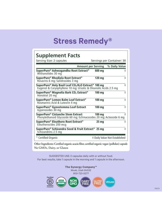 PURE SYNERGY Stress Remedy | Soothing Supplement with Ashwagandha | Organic Adaptogen Support from Rhodiola, Lemon Balm, and Holy Basil | for Stress Relief, Adrenal Health, and Mood (60 Capsules) - Image 2