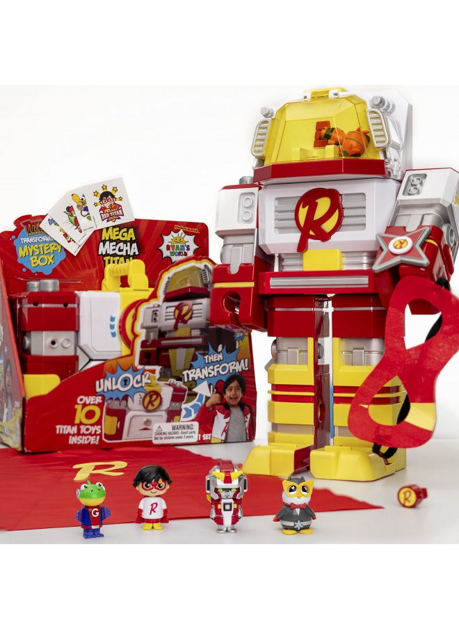 RYAN'S WORLD Mega Mecha Titan Robot; Chest transforms into Red Titan Robot; Contains 5 Micro Figures, a Spinner, Wearable Eye mask & Cape, and Stickers