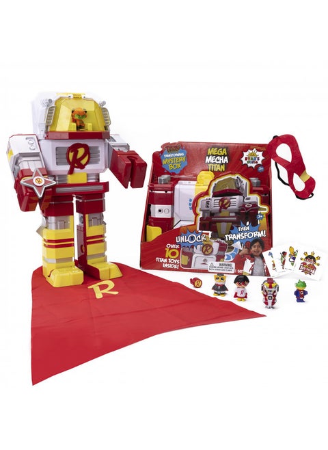 RYAN'S WORLD Mega Mecha Titan Robot; Chest transforms into Red Titan Robot; Contains 5 Micro Figures, a Spinner, Wearable Eye mask & Cape, and Stickers