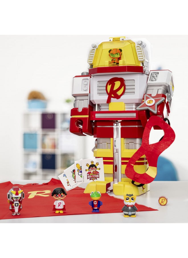 RYAN'S WORLD Mega Mecha Titan Robot; Chest transforms into Red Titan Robot; Contains 5 Micro Figures, a Spinner, Wearable Eye mask & Cape, and Stickers