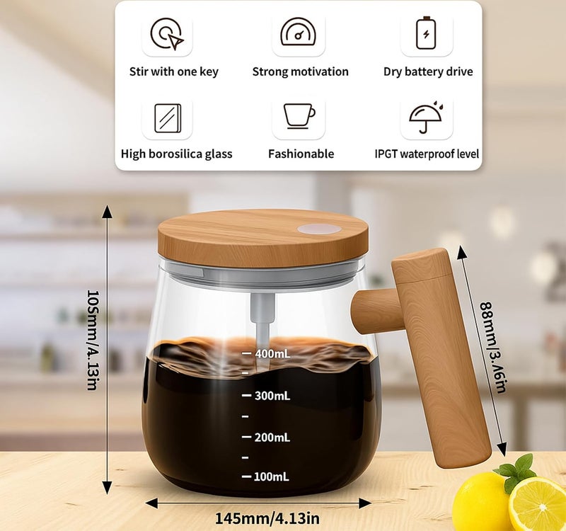 Lynacz كوب قهوة أوتوماتيكي أنيق 400 مل – كوب زجاجي كهربائي ذاتي التحريك بمقبض خشبي، تصميم محمول مقاوم للماء، رائع للشاي، القهوة، أو السفر - Image 2