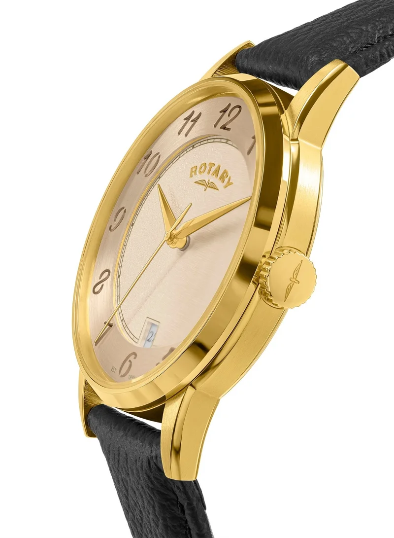 Rotary Men's Heritage Analogue Watch, 39 mm, Champagne Dial, Black Leather Strap
