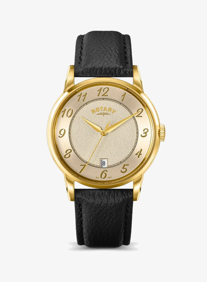 Rotary Men's Heritage Analogue Watch, 39 mm, Champagne Dial, Black Leather Strap