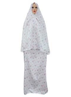 City Rose Islamic Womens Pray khimar 2 Pieces Sets Cotton Dress Hijab Abaya Suit White With Pink and Blue Flowers  - Image 1