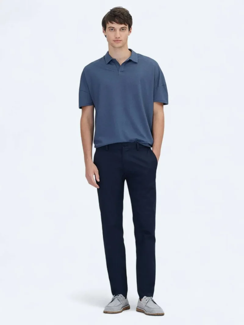 Kip Navy Blue Polo Collar Cotton Blend T-Shirt
