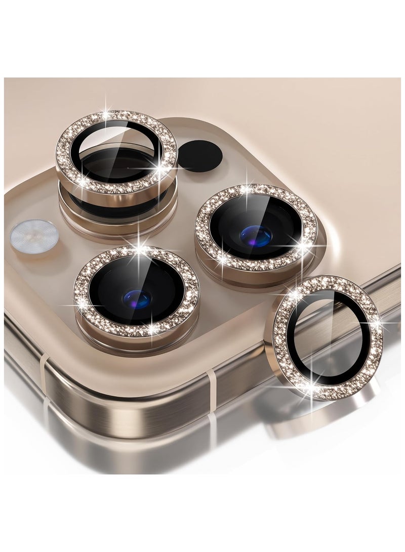 Compatible for iPhone 16 Pro/iPhone 16 Pro Max Camera Lens Protector Bling, 9H Tempered Glass Camera Cover Screen Protector Metal Ring Decoration Accessories(Glitter-Titanium Desert) - Image 1