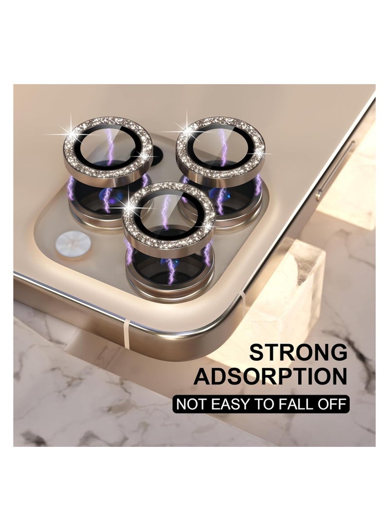 Compatible for iPhone 16 Pro/iPhone 16 Pro Max Camera Lens Protector Bling, 9H Tempered Glass Camera Cover Screen Protector Metal Ring Decoration Accessories(Glitter-Titanium Desert) - Image 3