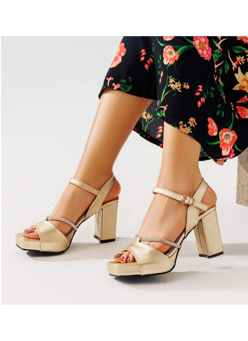 LIFESTYLISH - H-2 High Heel Sandal With Diamond Strap - Gold - Image 1