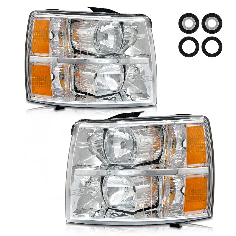 AS Headlight Assembly for 20072013 Chevy Silverado 15002007 2008 2009 2010 2011 2012 2013 2014 Chevy Silverado 2500HD 3500HD Chrome Housing Amber Reflector Replacement Pair