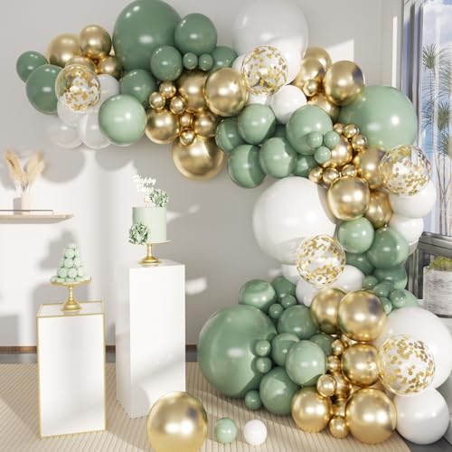 MEBAY Sage Green White Gold Balloon Garland Arch Kit 146Pcs Latex Balloons Different Sizes 18 12 10 5 Inch for Birthday Baby Shower Gender Reveal Wedding Party Decoration - Image 1