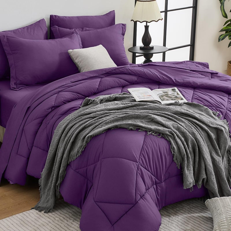 HEVUMYI Grape Purple Queen Comforter Set - 7-Piece All Season Bed in a Bag Queen, Ultra Soft Bedding Set with Comforter, Flat Sheet, Fitted Sheet, Pillowcases, Pillow Shams - Image 1