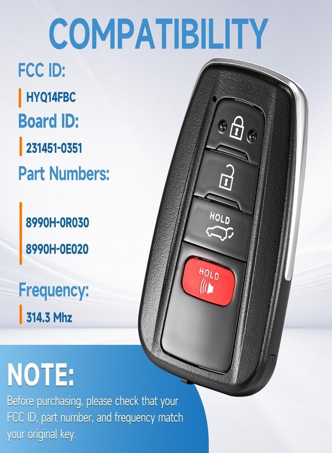 LYFUCESS Smart Key Fob Replacement Fits for Toyota RAV4 Highlande 2019 2020 2021 2022 2023 Proximity Keyless Entry Remote Start Control 314.3 Mhz P/N:8990H-0R030 8990H-0E020 FCC:HYQ14FBC 4 Button - Image 2