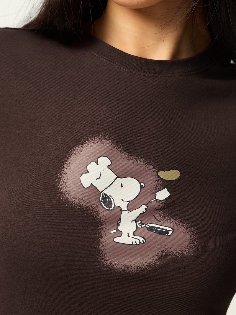 The Souled Store Peanuts: Pancakes Women and Girls Short Sleeves Round Neck Dark Brown Graphic Printed Cotton Regular Fit Lightweight Everyday Streetwear T-Shirt - Image 2