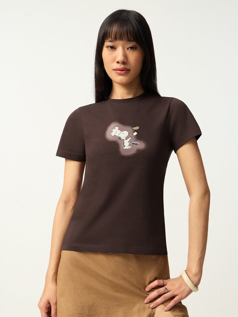 The Souled Store Peanuts: Pancakes Women and Girls Short Sleeves Round Neck Dark Brown Graphic Printed Cotton Regular Fit Lightweight Everyday Streetwear T-Shirt - Image 1
