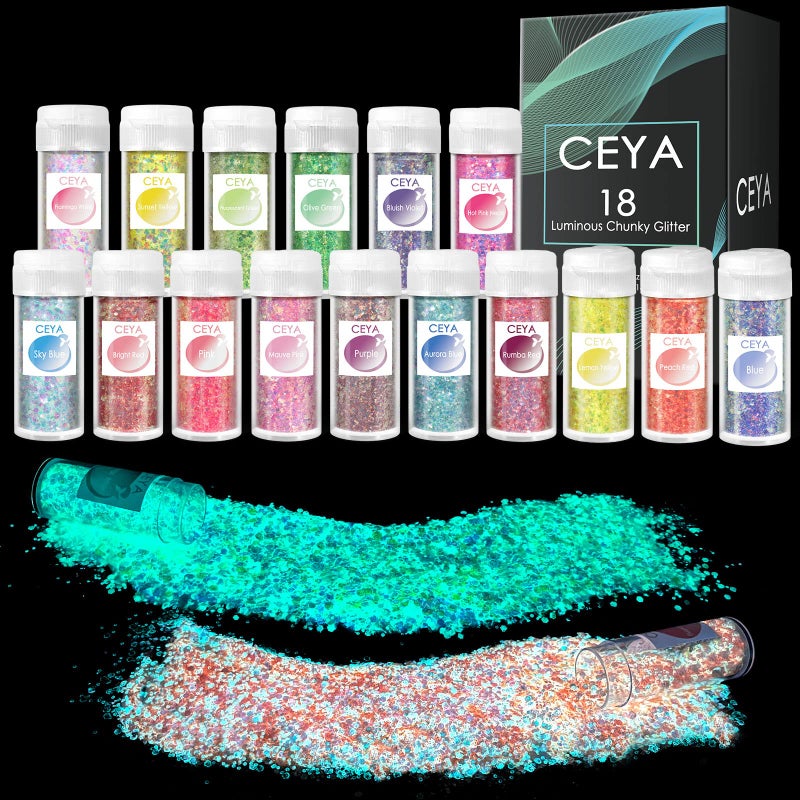 Ceya Glow in The Dark Glitter Set 18 Colors 63 oz 180g Luminous Chunky Glitter Mix Fine Powder Flakes Fluorescent Nail Sequins for Epoxy Resin Tumblers Halloween Party Festival Decor