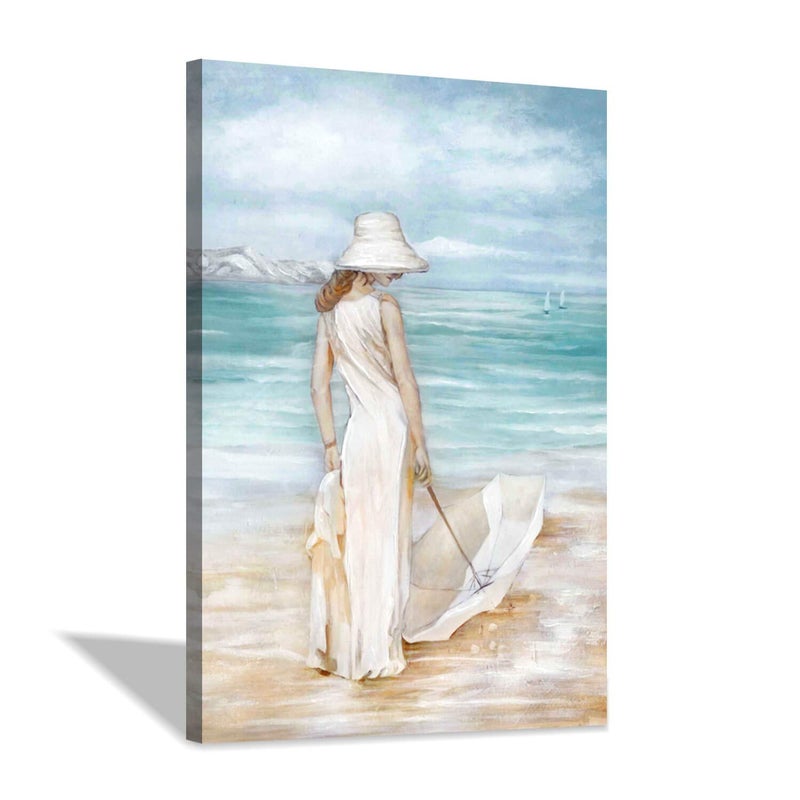 Abstract Beach  Girl Artwork Picture Blue Seascape Painting Coastal Wall Art on Canvas for Living Room 24 x 36 x 1 Panel