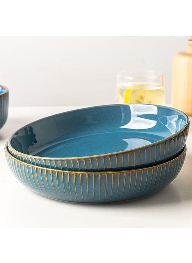 LENND 2 Pcs Pasta Bowls, 1000ml Large Pasta Plates, 21cm Deep Porcelain Plates Set, Blue Round Premium Bowls Plates Set for Pasta, Salad, Soup, Fruit  - Image 1