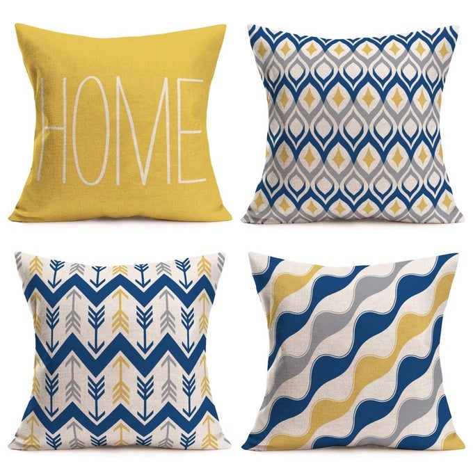 Home Geometric Set of 4 Throw Pillow Covers Modern Accent Decorative 18x18 Inch Blue Yellow Grey Arrow Stripes Wave Abstract Pattern Pillow Cases Cushion Cover for Living Room Bed